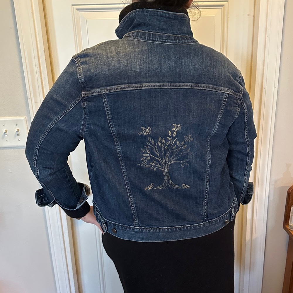 Indigo Denim Jean Jacket Painted Stencil Tree Back Gold XXL a.n.a upcycled birds